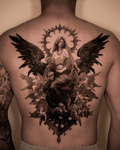 Virgin Mary back piece tattoo