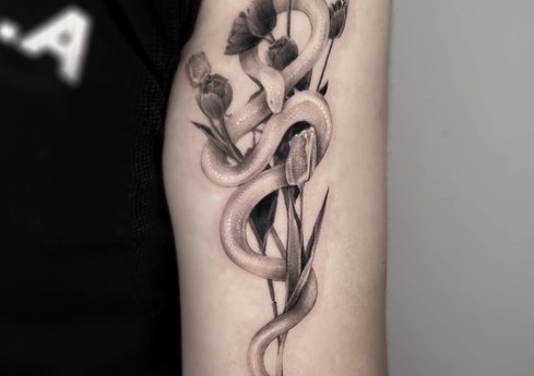 snake and tulip tattoo on the forearm