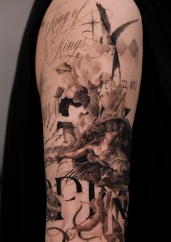figure and birds full sleeve tattoo