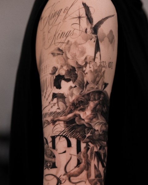 figure and birds full sleeve tattoo