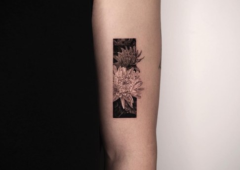 framed chrysanthemum tattoo on the forearm