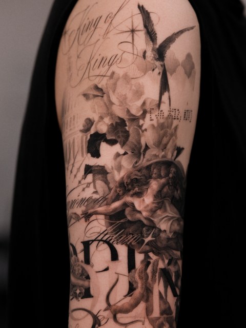 figure and birds full sleeve tattoo